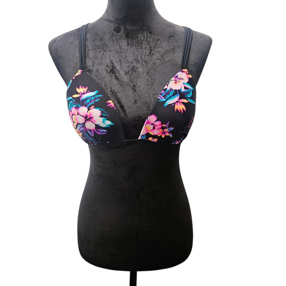 Seeded & Sewn Black Floral T-Back Bikini Swim Top Size XL Tropical Beach Swim